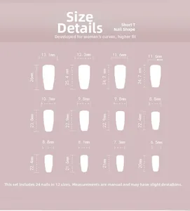Size chart showing width and length for 24pcs glitter long coffin press-on nails