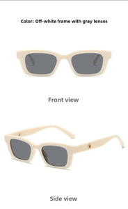 Detailansicht der beigen rechteckigen Kinder-Sonnenbrille mit Metallakzenten an der Seite
