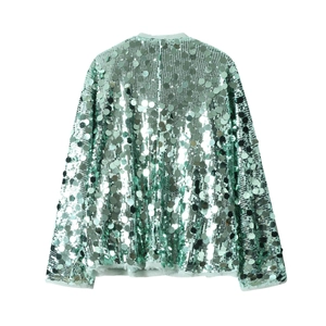 Detail of mint green sequin stitching and shimmering texture on long sleeve shirt
