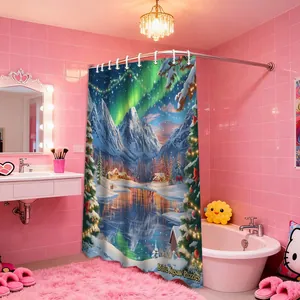 Detail of waterproof Christmas shower curtain featuring northern lights and snow cabin