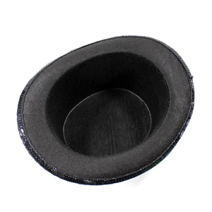 Detail view of the black felt top hat interior and sequined brim edges for stage performance