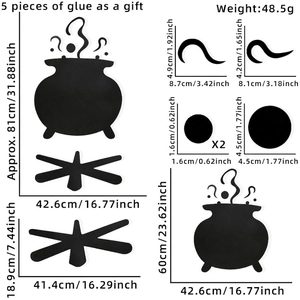 Detailed size specifications for Halloween cauldron and flame wall stickers with measurements