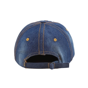 Rear view of vintage blue denim baseball cap with contrast stitching and adjustable strap