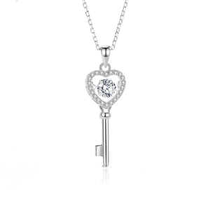 Moissanite heart-shaped key pendant necklace in S925 sterling silver with pavé stones