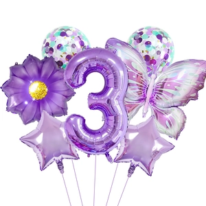 Purple butterfly balloon set for 3rd birthday featuring shiny foil and sequin details