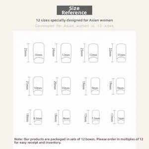 Detailed size chart for medium square press-on nails with 12 specific dimensions