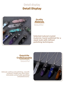 Detail of natural crystal hexagonal pendant featuring an intricate metal rose flower cap