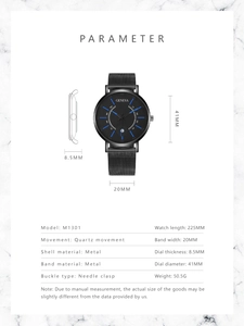 Detailed specs of Geneva M1301 quartz watch featuring black dial and steel mesh band