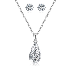 Silver hollow teardrop necklace and stud earrings set with sparkling zircons