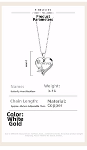 Macro detail of silver heart Mama necklace with butterfly and rhinestone accents