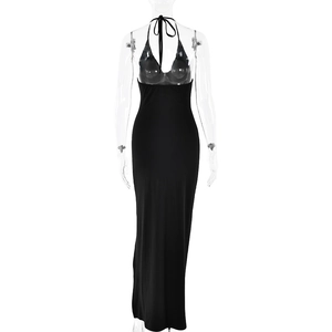 Back view of sexy black halter neck maxi dress with backless design and high slit