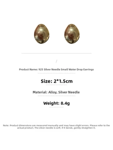 Detailed view of polished golden teardrop earrings with S925 silver needles and size specs