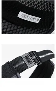 Detail of black mesh sun visor featuring a SPORT logo and adjustable plastic buckle
