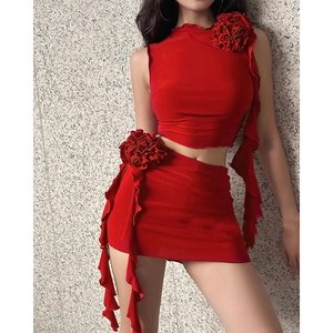 Sexy red two-piece set featuring a 3D floral halter crop top and high waist bodycon skirt