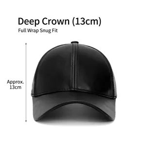 Black PU leather baseball hat with deep 13cm crown and warm windproof curved brim