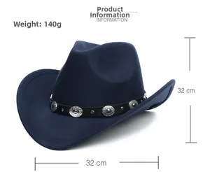 Detail of dark blue western cowboy felt hat with black leather stud band and silver rivets