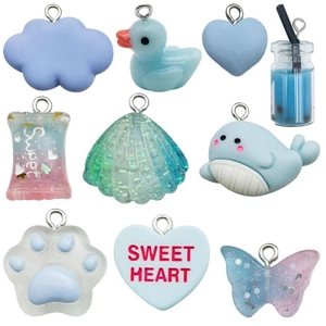 Blue resin pendants set featuring whale, shell, and sweet heart shapes for DIY jewelry