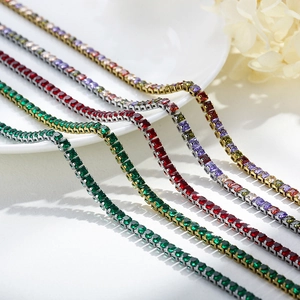 Vintage rainbow zircon tennis necklace in gold and silver finish with square gemstones