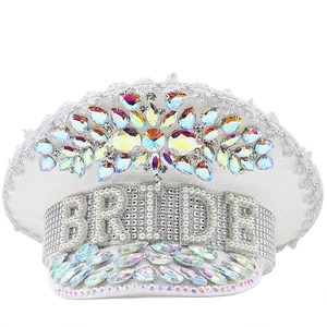 White Bride military hat with iridescent rhinestones and pearl lettering for bridal parties