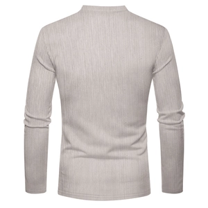 Rear view of men's slim fit corduroy Henley shirt in light grey with vertical ribbed texture