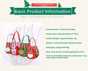 Detailed specs of Christmas gift bags featuring felt Santa and snowman character designs
