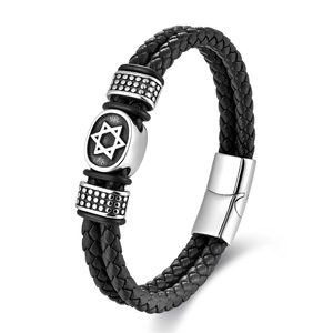 Men's black braided leather bracelet with silver Star of David charm and magnetic clasp