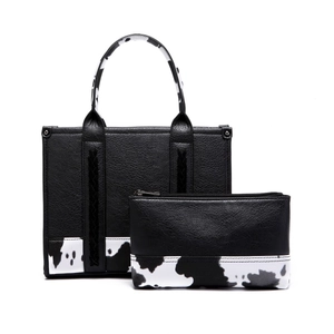 Bolso bohemio de cuero sintético negro con fondo de vaca y monedero pequeño a juego