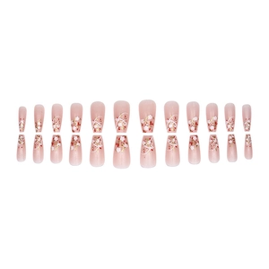 Translucent pink press-on nails with floral patterns and gold foil in ballerina shape