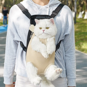 Detail of breathable beige mesh pet carrier backpack with adjustable straps for small cats