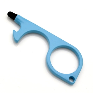 Detail of blue non-contact door opener tool with black stylus tip for touchscreens