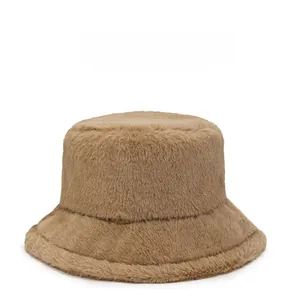 Detailed close-up of khaki plush faux fur bucket hat showing soft texture and warm fabric