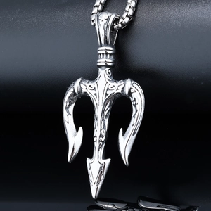 Retro Viking trident pendant necklace in antique silver finish with detailed carvings