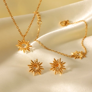 Stainless Steel Sunflower Necklace Bracelet Earrings Encrusted Rhinestone Hollow Out Minimalist Sunburst Jewelry Gift Women
