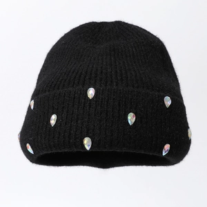 Classic black knitted beanie with colorful rhinestone droplets for winter warmth
