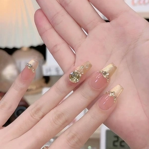 Long Coffin Press On Nails French Cat Eye Champagne Gold Glitter Rhinestone Gem Nude Pink Glossy Luxury Elegant For Women