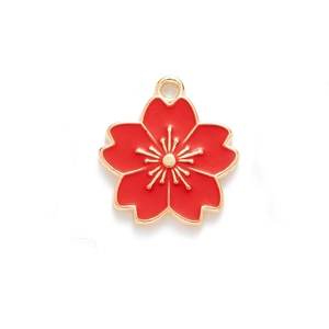 Detailed close-up of a red enamel sakura pendant charm with golden metal edges