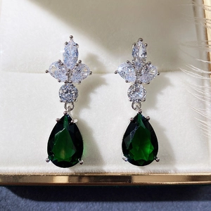 Elegant emerald pear-cut drop earrings with marquise zircon flower petals for weddings