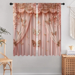 Detail of pink curtain featuring golden 3D butterfly floral patterns and elegant tassels