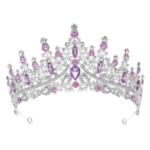 Detail of silver crown with purple rhinestones and intricate crystal teardrop patterns