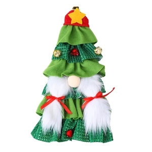 Gnome-style Christmas tree wine bottle cover with green ruffles and a red knit star hat