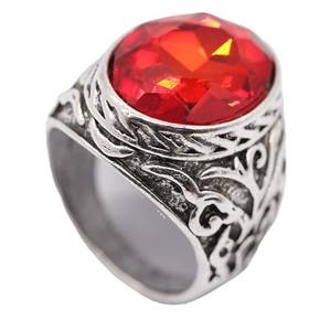 Vintage silver men's ring featuring a large oval red ruby gemstone with ornate carvings