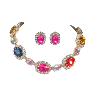 Elegant gold necklace and stud earrings set with colorful oval gemstones and rhinestones