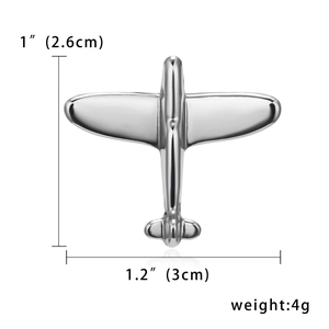 Detail view of silver alloy airplane brooch showing dimensions 3.0cm by 2.6cm