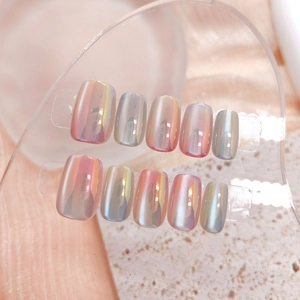 Cat Eye Press On Nails Aurora Gradient Electroplated Chrome ABS Plastic Short Square Round Glossy Manicure For Women