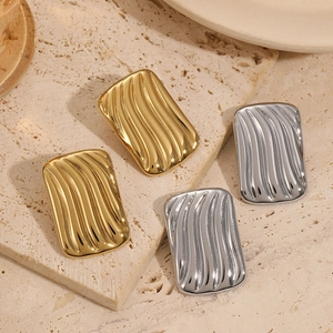 Polished rectangular stainless steel earrings with ripple texture in gold and silver