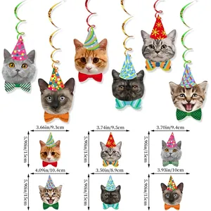 Size chart for cat party decorations showing dimensions of six unique feline hanging swirls