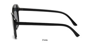 Side view of black arched sunglasses with thick frames and grey lenses on white background