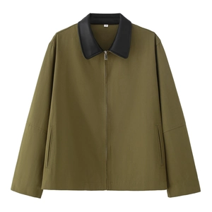 Olive green jacket with black leather lapel collar and metal zipper closure for women