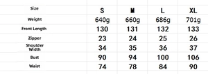 Size chart and garment measurements for sleeveless commuter dress with front zipper