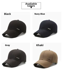 Detailed view of casual baseball caps in black, navy, grey, and khaki with metal tag